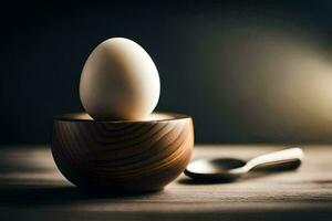 an egg in a wooden bowl with a spoon. AI-Generated photo