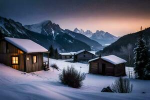 a cabin in the snow with mountains in the background. AI-Generated photo