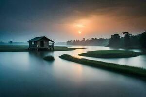 a house sits on the edge of a lake at sunset. AI-Generated photo