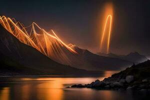 a long exposure photograph of a mountain range with light trails. AI-Generated photo