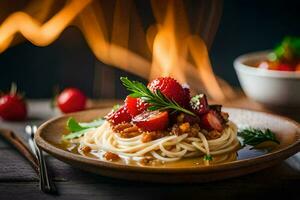 spaghetti with strawberries and nuts on a plate. AI-Generated photo