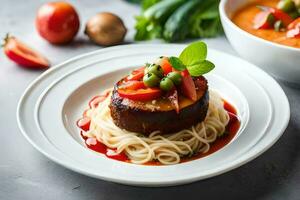 un plato de espaguetis con carne y vegetales. generado por ai foto