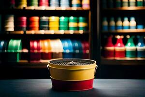 a colorful bucket sitting on a table in front of a shelf. AI-Generated photo