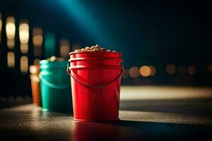 three red buckets with peanuts on the floor. AI-Generated photo