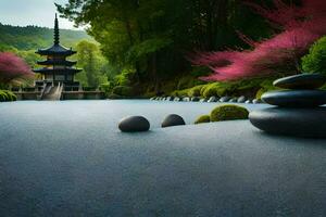 un japonés pagoda en el medio de un estanque. generado por ai foto