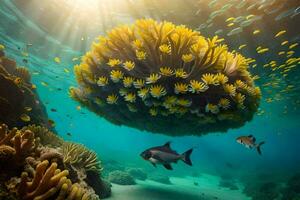 a coral reef with fish and an orange flower. AI-Generated photo