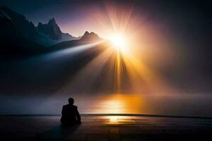 un persona sentado en meditación en frente de un montaña lago. generado por ai foto