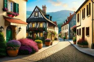 an old town street with flowers and buildings. AI-Generated photo