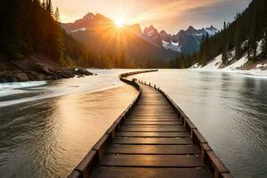 un de madera paseo marítimo Guías a un montaña lago a puesta de sol. generado por ai foto