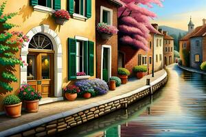 a painting of a canal in a small town. AI-Generated photo