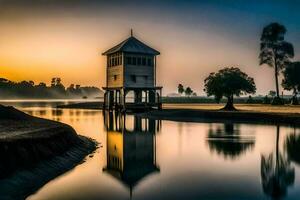 a small tower stands in the middle of a lake. AI-Generated photo