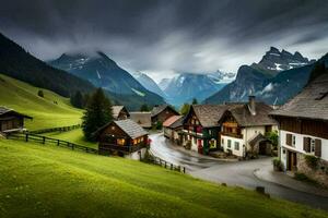 a village in the alps with mountains in the background. AI-Generated photo