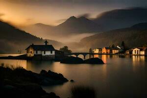 a small village sits on the shore of a lake at sunset. AI-Generated photo
