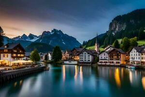 the beautiful town of switzerland at dusk. AI-Generated photo