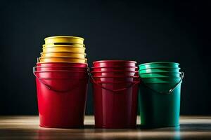 three colorful buckets on a wooden table. AI-Generated photo