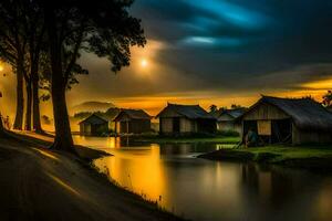 photo wallpaper the sky, water, trees, the moon, the sun, the water, the. AI-Generated