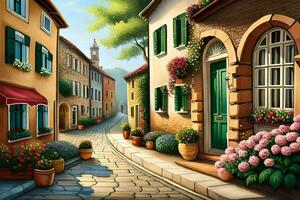 a painting of a street with flowers and potted plants. AI-Generated photo