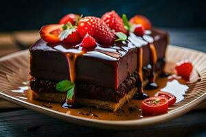 a piece of chocolate cake with strawberries on top. AI-Generated photo