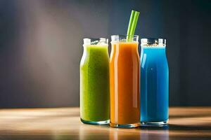 three different colored juices in glasses on a table. AI-Generated photo