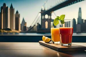 two glasses of juice with a view of the city. AI-Generated photo