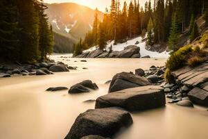 a river flowing through a mountain valley with rocks and trees. AI-Generated photo