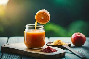 un tarro de naranja jugo con un naranja rebanada en cima. generado por ai foto