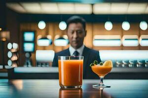 un hombre en un traje es en pie detrás un bar con un beber. generado por ai foto