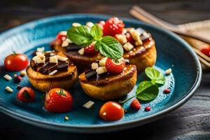 a plate with a stuffed mushroom topped with strawberries and basil. AI-Generated photo