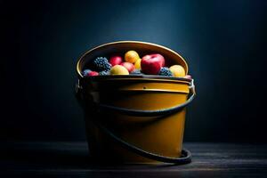 a bucket filled with fruit on a dark background. AI-Generated photo