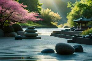 a zen garden with stones and trees. AI-Generated photo