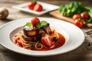 a plate of food with meat, tomatoes and strawberries. AI-Generated photo