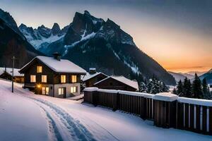 un casa en el montañas a puesta de sol. generado por ai foto