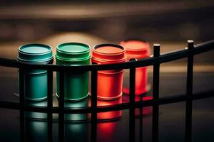 three colorful cans sit on a metal railing. AI-Generated photo