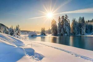 snow covered trees and the sun shining over a lake. AI-Generated photo