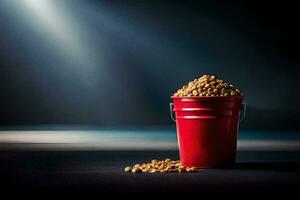 a red bucket filled with beans on a dark table. AI-Generated photo