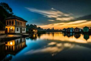 un hermosa puesta de sol terminado un lago con casas en el costa. generado por ai foto