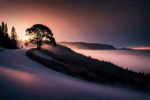 un solitario árbol soportes en un Nevado ladera a puesta de sol. generado por ai foto