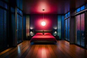 a bedroom with a red bed and wooden floors. AI-Generated photo