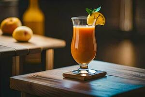 un vaso de naranja jugo en un de madera mesa. generado por ai foto