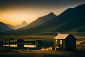 un pequeño choza se sienta en el medio de un campo a puesta de sol. generado por ai foto