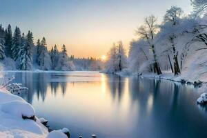 a winter landscape with snow covered trees and a river. AI-Generated photo