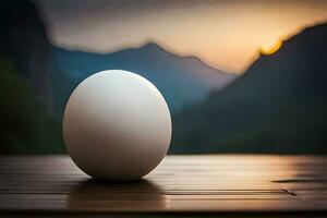 un huevo sentado en un mesa en frente de un montaña. generado por ai foto