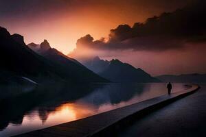 a man walks along a pier in front of a mountain lake. AI-Generated photo