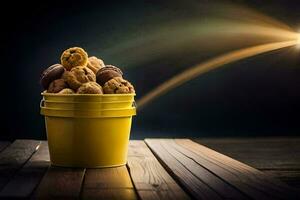 a bucket filled with cookies on a wooden table. AI-Generated photo