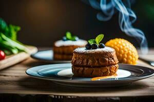 a plate with two cakes and a fork. AI-Generated photo