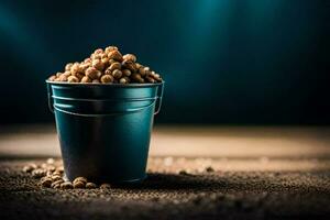 a bucket of peanuts on a dark background. AI-Generated photo