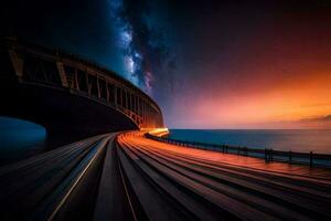 a train traveling under a bridge at sunset. AI-Generated photo