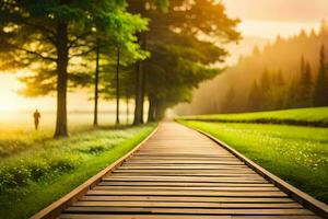 un de madera camino Guías a un verde campo y arboles generado por ai foto