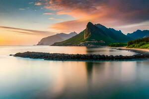 el montañas y mar a puesta de sol. generado por ai foto