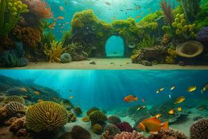 two images of an underwater scene with coral reefs and fish. AI-Generated photo